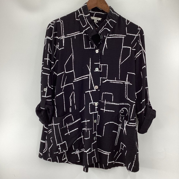John Mark Tops - John Mark Black and White Abstract Button Down Roll Sleeve Shirt